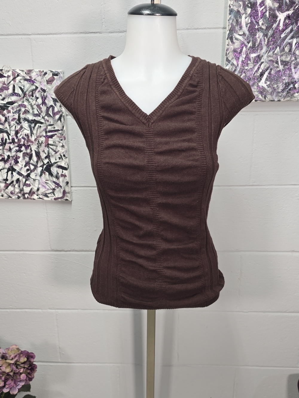Say What? Brown V-Neck Ribbed Cap-Sleeve Tank